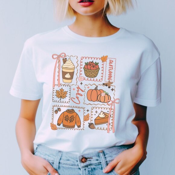Cozy Season Graphic Tee Collage Pumkin Spice Sweater Weather Fall T-Shirt - Picture 1 of 4
